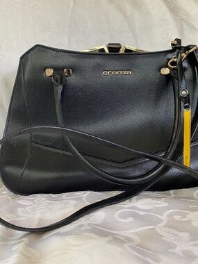 CROMIA Italian Leather Black Satchel Tote Handbag Adjustable Shoulder Strap